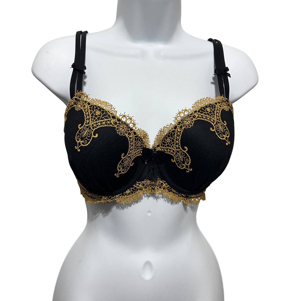 Soma‎ Regency Baroque Decadence Bra 34DD Black Gold Metallic Lace Embroidery